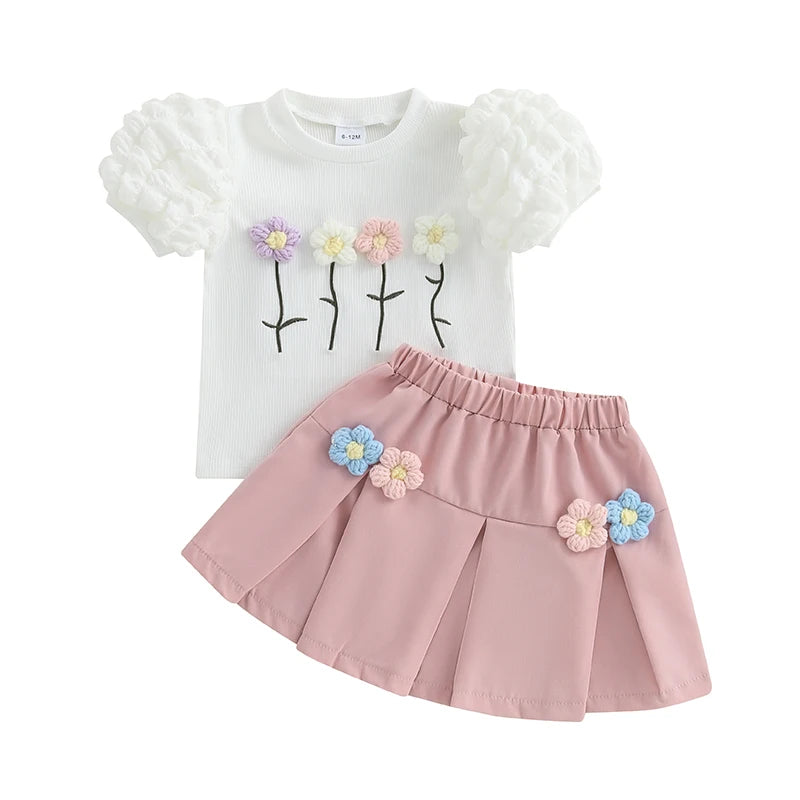 Girls Summer Outfits Crochet Flowers Puff Short Sleeve T-Shirt and Elastic A-Line Skirt Set Toddler Clothes