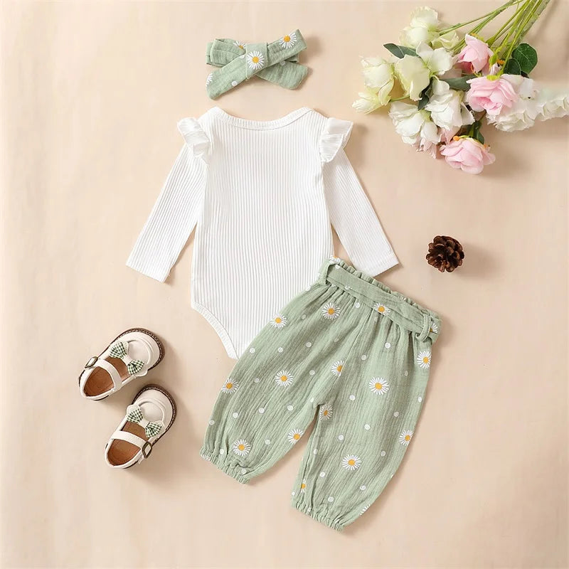 Baby Girl Daisy Print Outfit Solid Ribbed Ruffle Romper Long Sleeve Pants Headbands Clothes Set