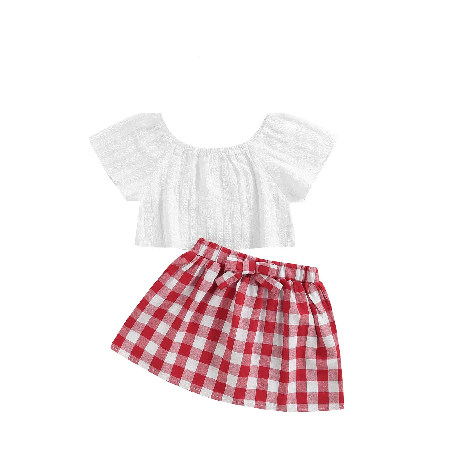 Newborn Baby Girl Clothes Cute Summer Off Shoulder Lace Tops+ Red Plaid Short Dress Headband Outfit