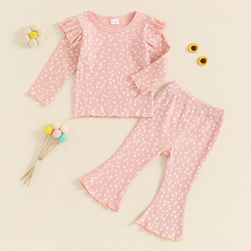 Baby Girl 2Pcs Fall Outfits Ruffle Long Sleeve Lettuce Trim Tops + Flare Pants Set Toddler Clothes