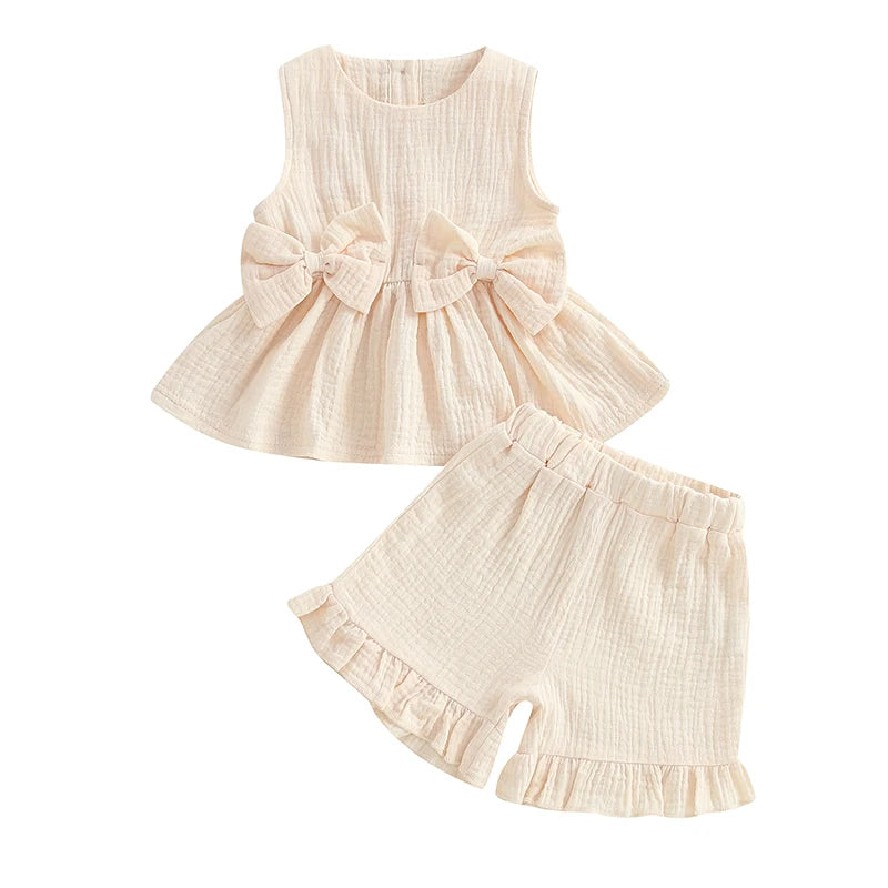 Toddler Baby Girl Summer Clothes Solid Color Bow Round Neck Tank Tops + Elastic Waist Ruffled Shorts Set