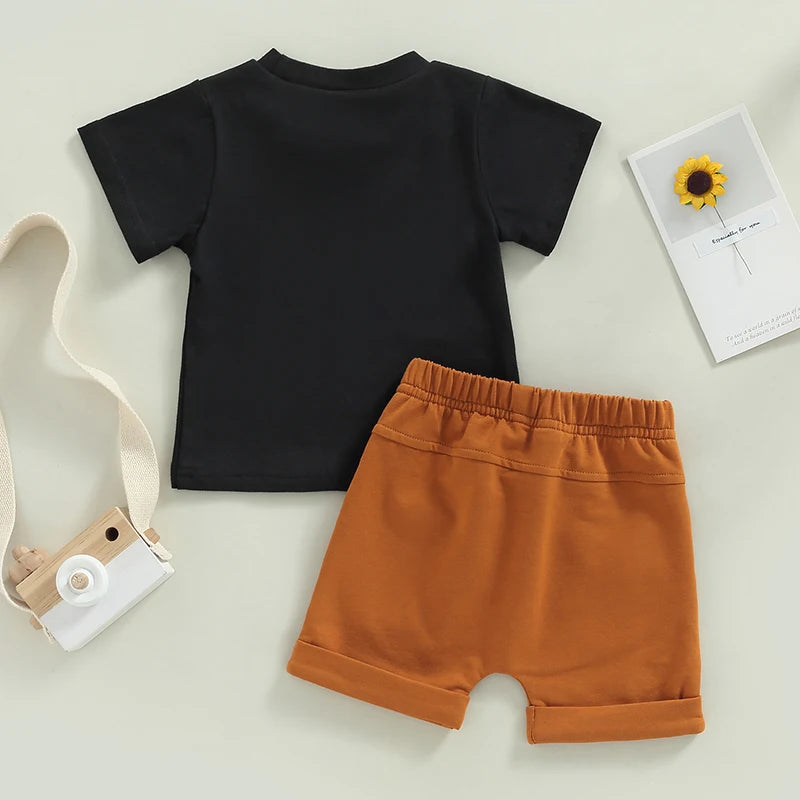 Toddler Boys Girl 2Pcs Summer Sets Short Sleeve Letter Print T-shirt Solid Drawstring Shorts
