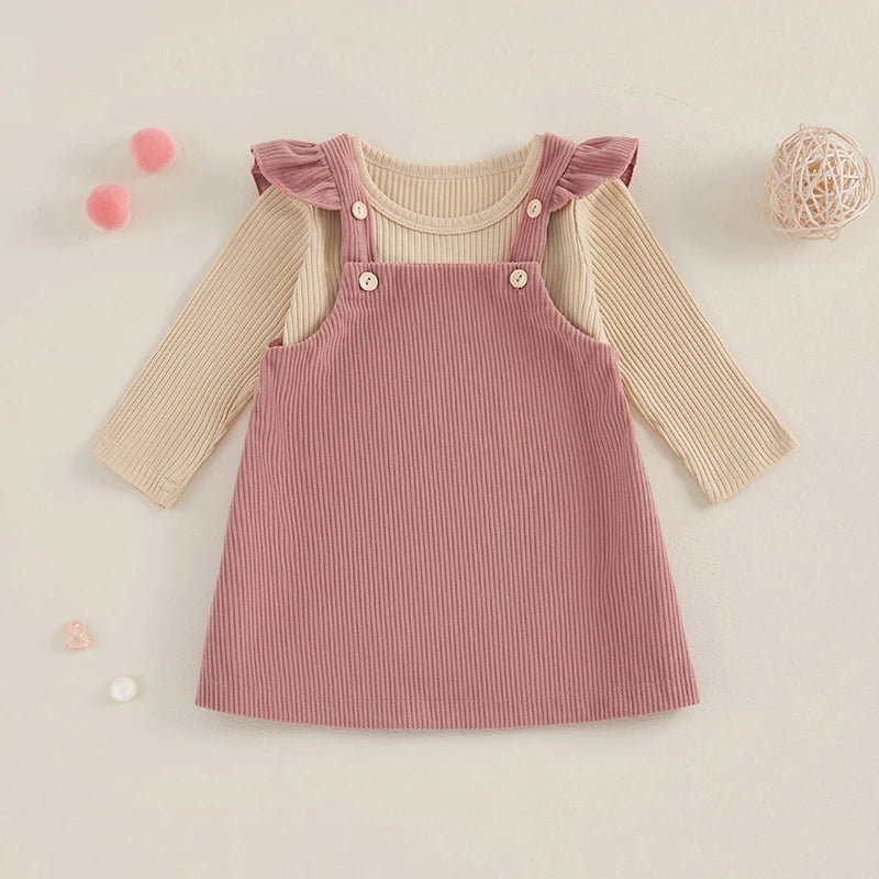Newborn Baby Girls 2Pcs Fall Outfits Long Sleeve Ribbed Romper + Corduroy Overall Dress Set Clothes