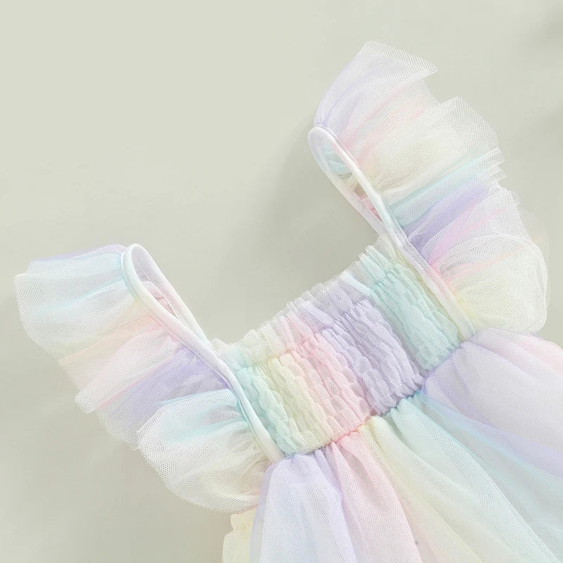 Baby Girls Summer Bodysuit Fly Sleeve Square Neck Tie-dye Print Bubble Fashion Jumpsuit