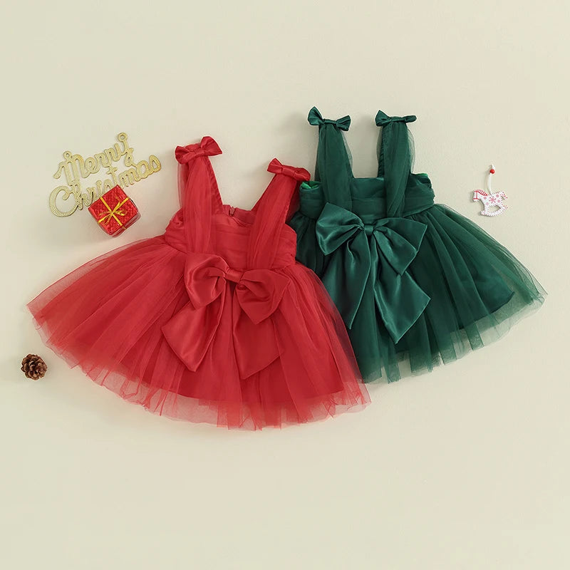Infant Baby Girls Princess Dress Sleeveless Strap Elegant Bow Tulle Patchwork Christmas Tutu Sundress