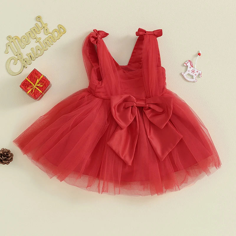 Infant Baby Girls Princess Dress Sleeveless Strap Elegant Bow Tulle Patchwork Christmas Tutu Sundress