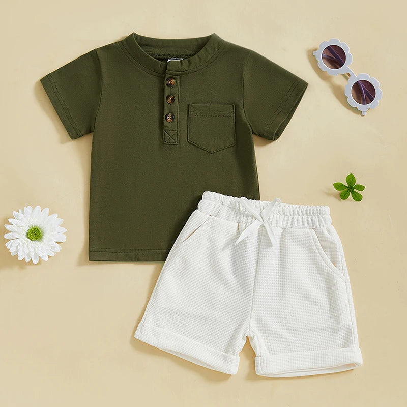 Summer Toddler Boys Shorts Sets Short Sleeve O Neck Button Up Tops and Solid Color Shorts Set