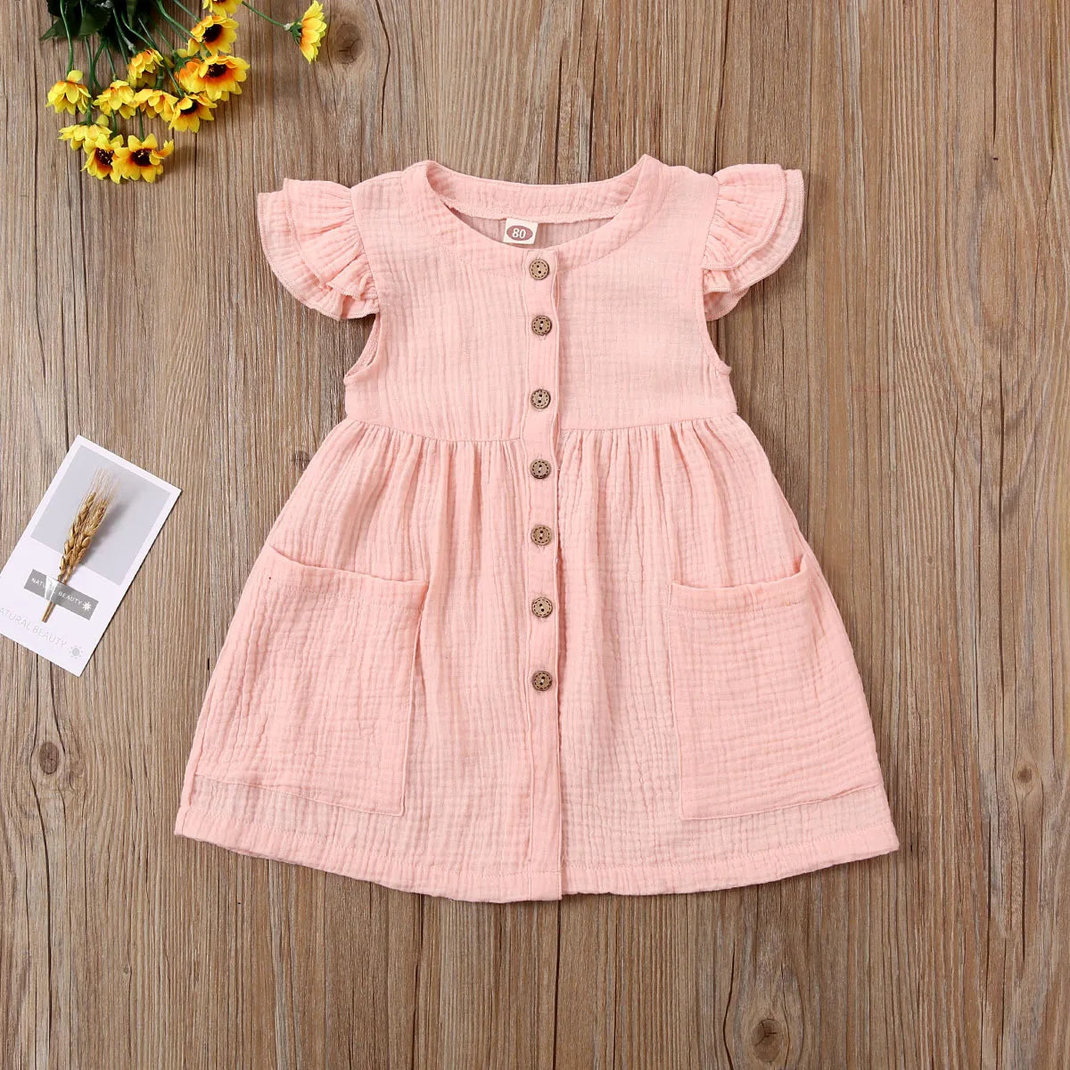 Toddler Kid Baby Girl Summer Dress Ruffles Sleeves Cotton Button Pocket Dress Sundress Clothes