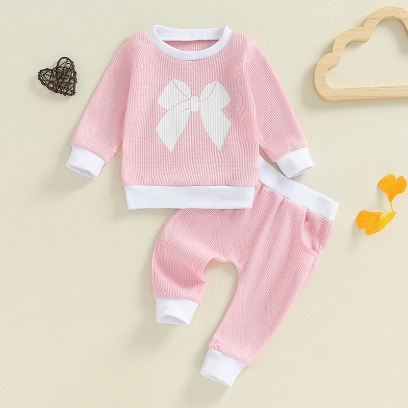 Toddler Girl Fall Outfits Bowknot Print Crew Neck Long Sleeve Waffle Sweatshirts and Long Pants 2Pcs Set