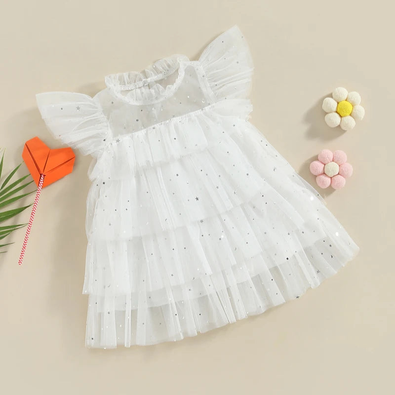 Toddler Kids Girls Dress Stars Moon Sequins Fly Sleeve Princess Dress Ruffles Tulle Dress