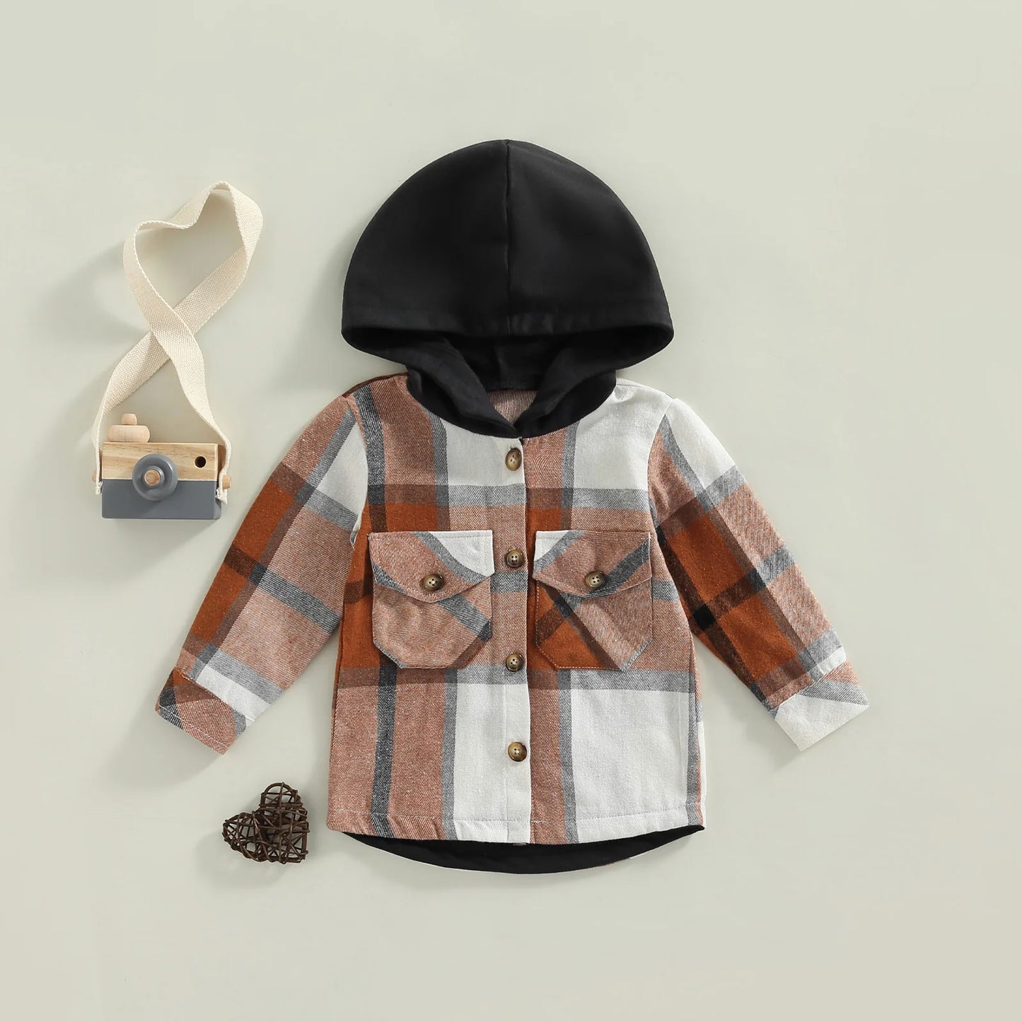 Little Boys Plaid Long Sleeve Hooded Shirt Coat 2 Colors