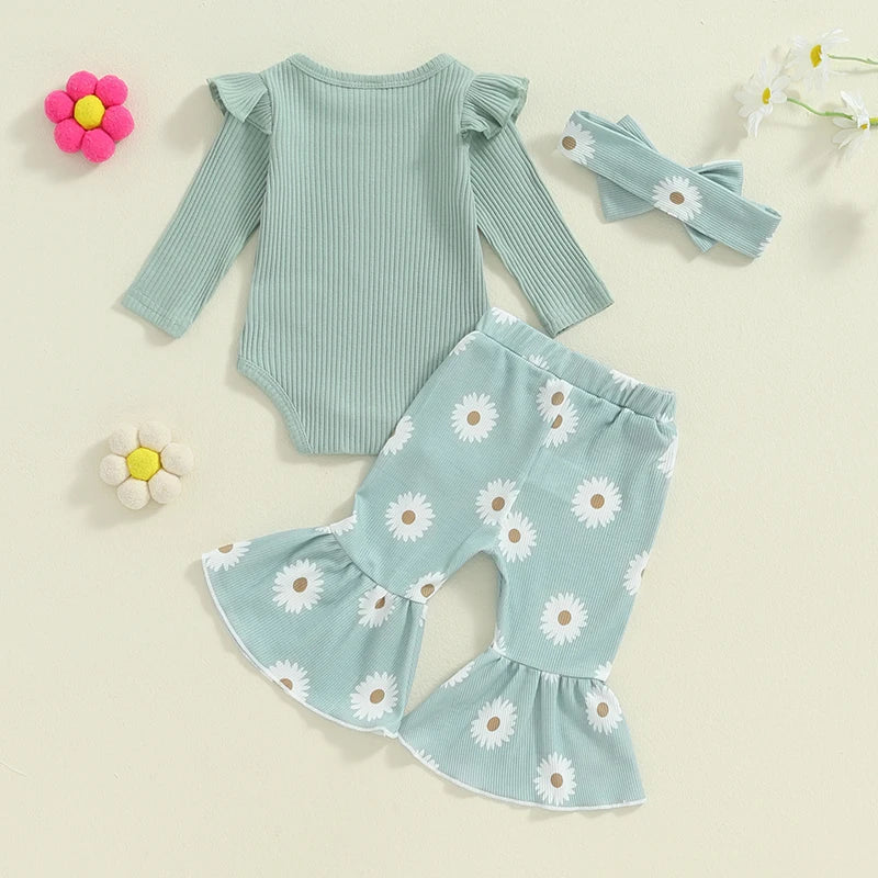 Baby Girls Fall Outfits Letter Print Long Sleeve Romper and Elastic Daisy Flared Pants Headband Set