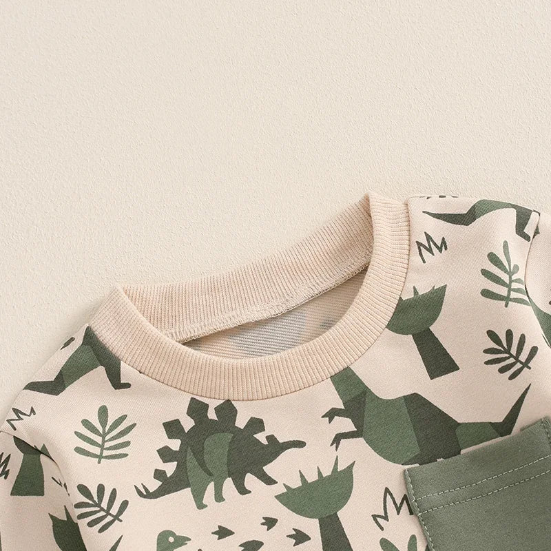 Toddler Boys Fall Outfits Dinosaur Print Pocket Long Sleeve Sweatshirts and Long Pants 2Pcs Clothes Set