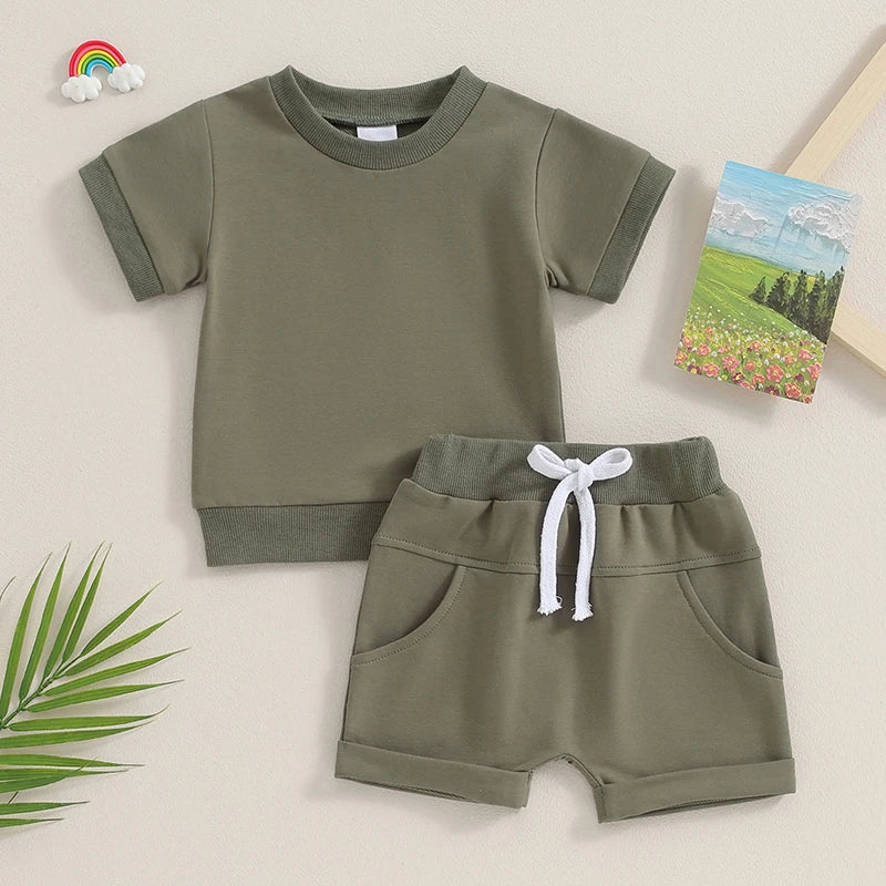 Toddler Baby Summer Clothes Solid Color Short Sleeve Round Neck T-Shirt with Shorts 2Pcs Outfit