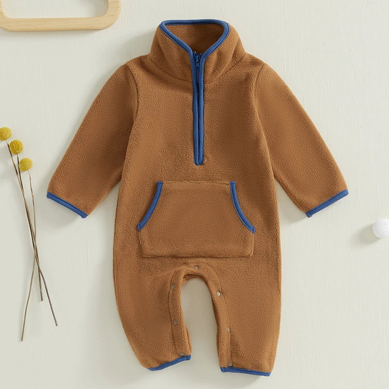 Baby Boys Fleece Long Sleeve Plush Zip Up Romper With Pockets