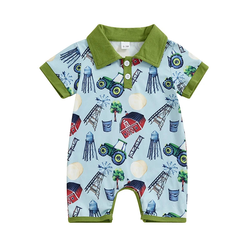 Baby Boys Summer Button Romper Short Sleeve Lapel Western Elements Print Jumpsuit