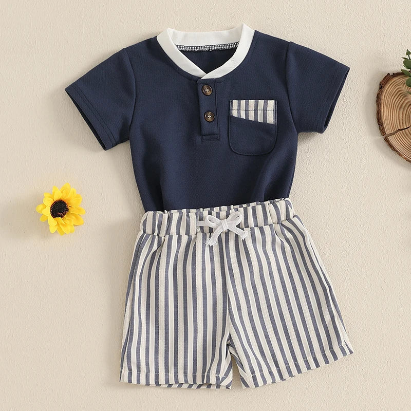 Toddler Baby Boy Summer Clothes Short Sleeve Pocket T-Shirt Stripe Drawstring Shorts Outfit