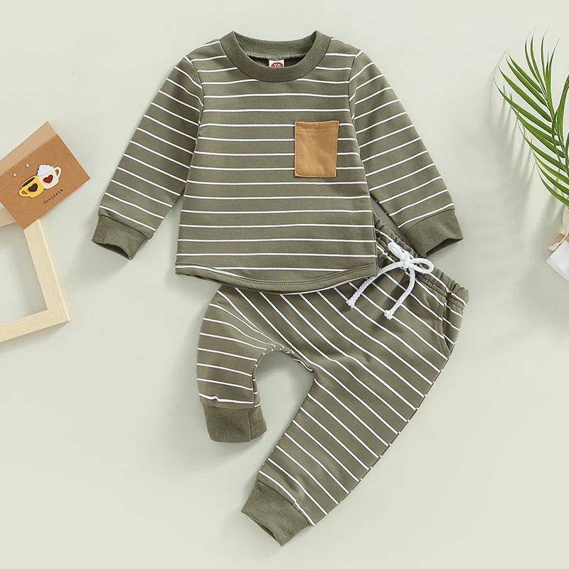 Baby Boys Pants Set Striped Long Sleeve Crew Neck Sweatshirt Elastic Waist Sweatpants Outfit