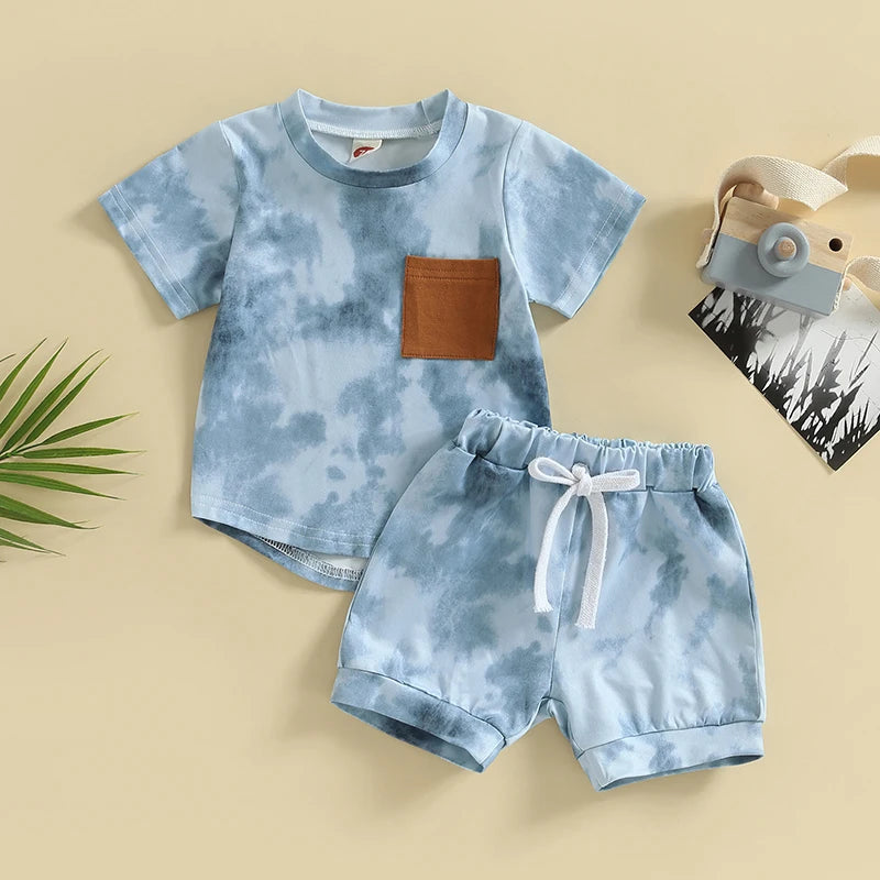 Baby Boys 2Pcs Summer Shorts Set Tie-dye Print Short Sleeve Crew Neck T-shirt Shorts Outfit