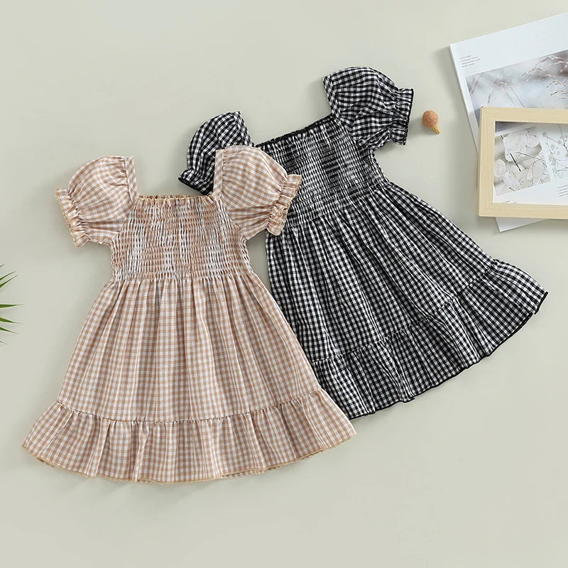 Summer Toddler Girls Sweet Dress Short Puff Sleeve Plaid Printed Ruffles Knee Length A-Line Dress