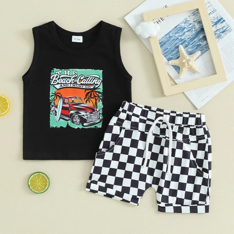 Toddler Boys Summer Outfits Letter Car Print Sleeveless Tank Tops and Checkerboard Elastic Waist Shorts Clothes Set