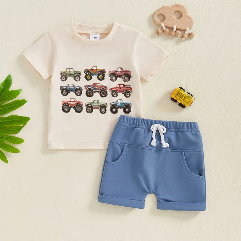 Toddler Boys Summer Outfits Retro Truck Print O-Neck Short Sleeve T-Shirts Elastic Waist Shorts 2Pcs Clothes Set