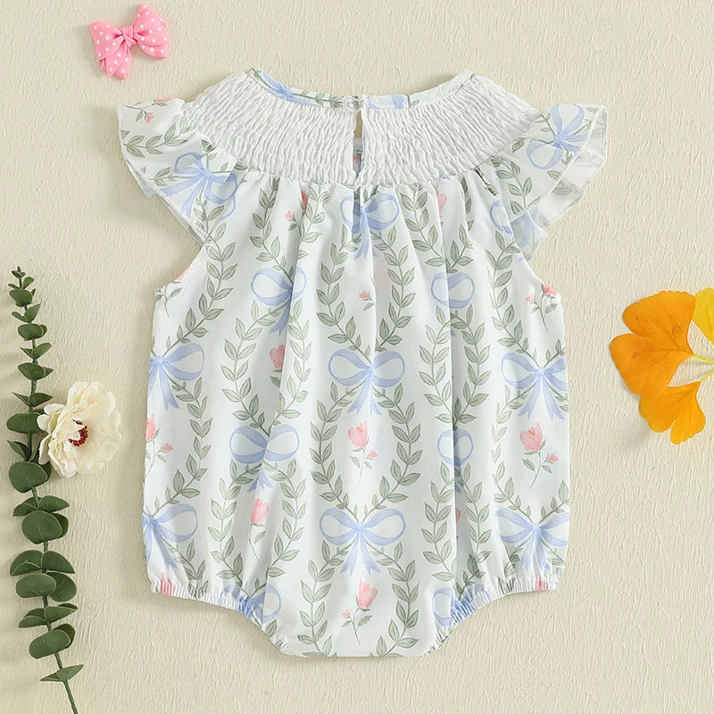 Baby Girls Romper Fly Sleeve Crew Neck Floral Print Summer Bodysuit