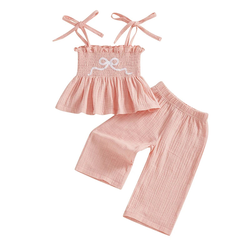 Toddler Baby Girl Set Bow Embroidery Sleeveless Smocked Lacing Strap Camisole Elastic Waistband Pants Outfits