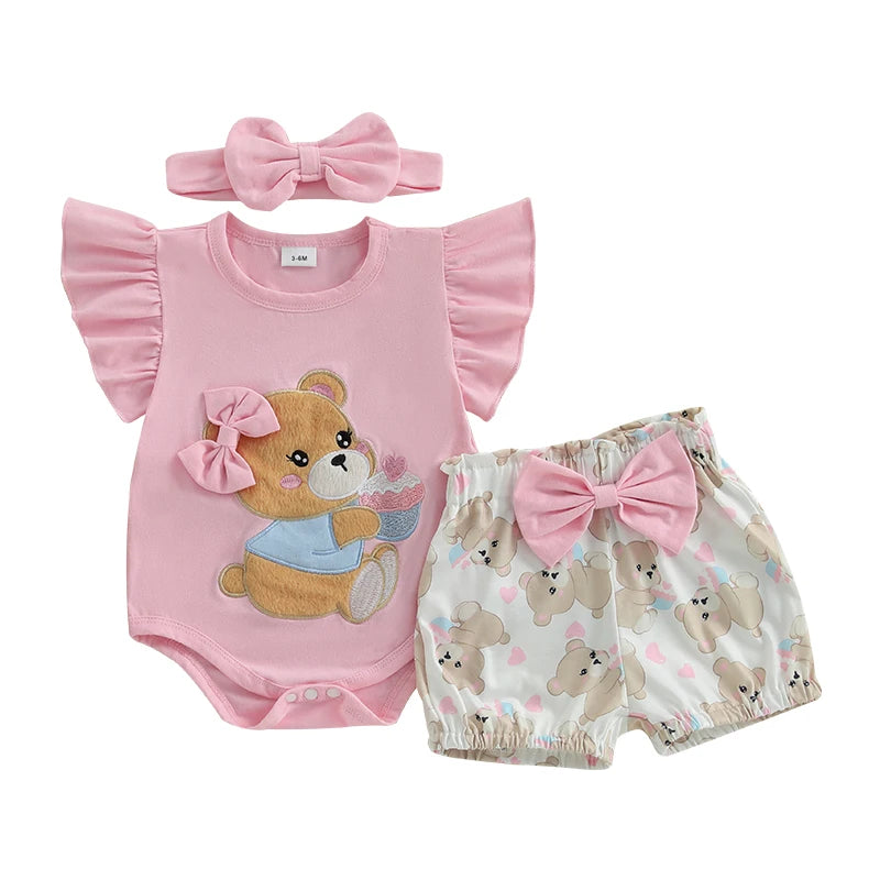 Baby Girls Shorts Set Short Sleeve Bear Cow Romper Elastic Waist Shorts with Hairband