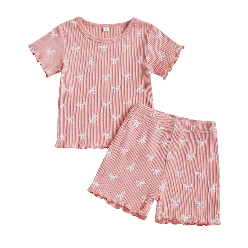 Toddler Baby Girl Bow Ribbed Outfit Lettuce Trim Short Sleeve Tops Elastic Waist Shorts Summer Set