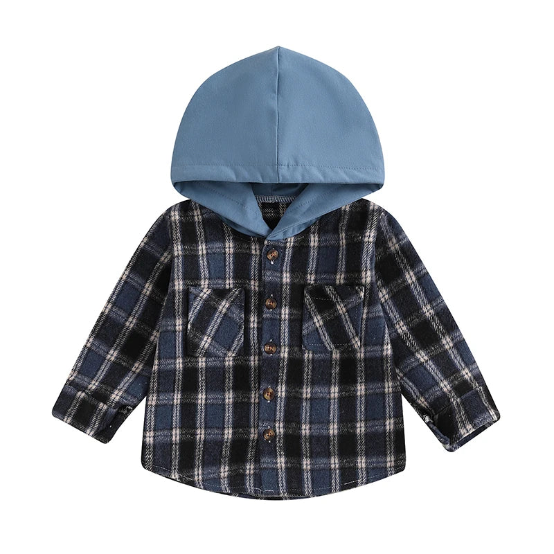 Toddler Baby Boys Plaid Pocket Button Long Sleeve Hooded Cardigan Jackets Tops Outwear