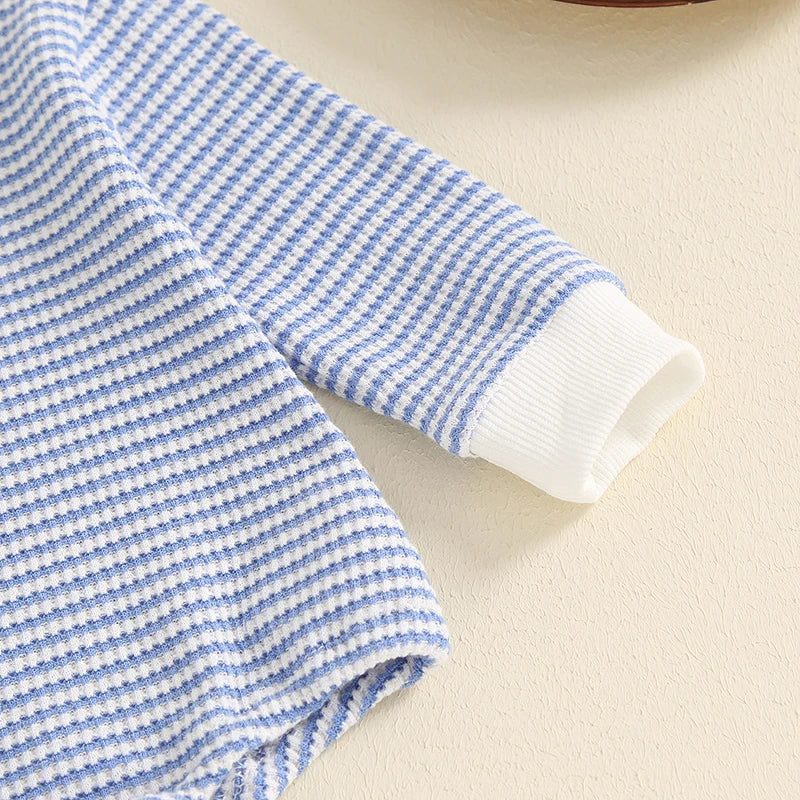Toddler Waffle Sweatshirt Romper Casual Stripe Print Long Sleeve Jumpsuit