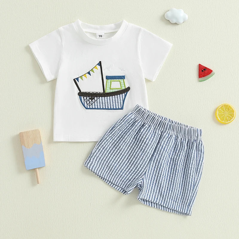 Toddler Baby Boy Shorts Set Boat Embroidery Short Sleeve T-shirt Striped Elastic Waist Shorts Summer Outfit