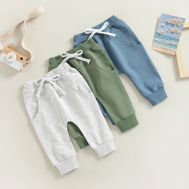 Toddler Baby Boys Casual Sweatpants Elastic Waist Drawstring Solid Fall Pants Pockets