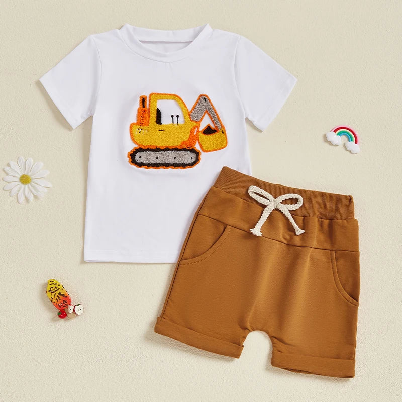 Toddler Boy Summer Outfit Tree/Excavator Embroidered Short Sleeve Round Neck T-Shirt +Solid Shorts 2Pcs Set
