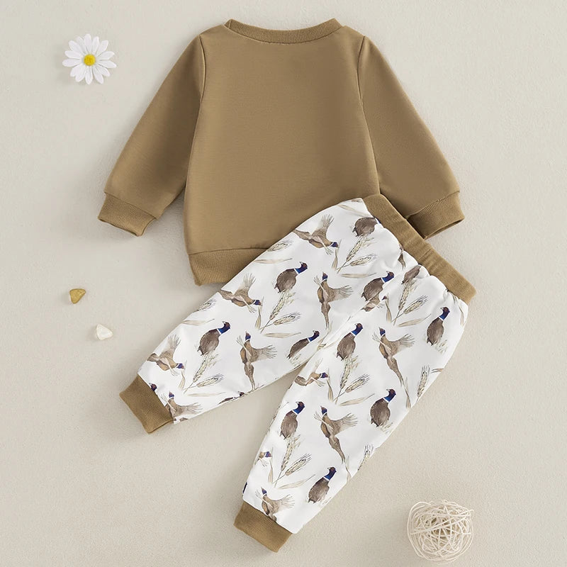 Baby Boy Girl Outfits Wild Goose Print Pullover Sweatshirt Elastic Waist Pants with Pockets Clothes Set