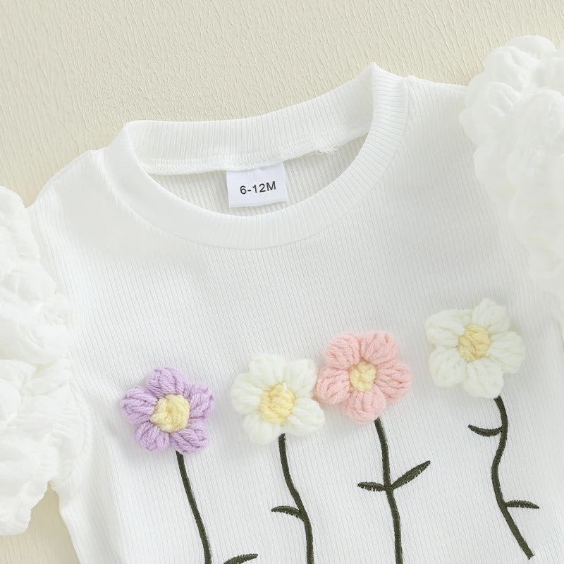 Girls Summer Outfits Crochet Flowers Puff Short Sleeve T-Shirt and Elastic A-Line Skirt Set Toddler Clothes