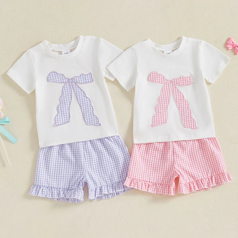 Toddler Baby Girl Summer Outfit Bow Embroidery Short Sleeve Tops Plaid Ruffle Shorts Set