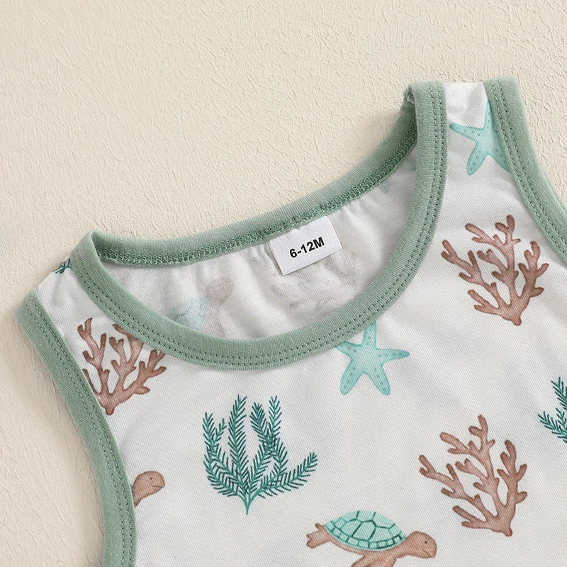 Infant Toddler Baby Boy Summer Clothes Sleeveless Pattern Print Tank Vest Top Solid Jogger Shorts Set Beach Outfit