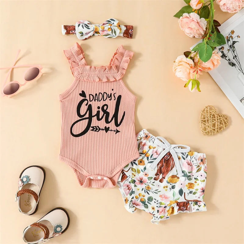 Newborn Infant Baby Girl 3Pcs Outfits Sleeveless Romper Cow Floral Print Pants Headband Set