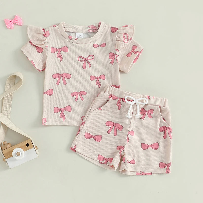 Toddler Girl Summer Clothes Bow Print Short Sleeve O-Neck T-Shirt with Elastic Waist Shorts Waffled Set