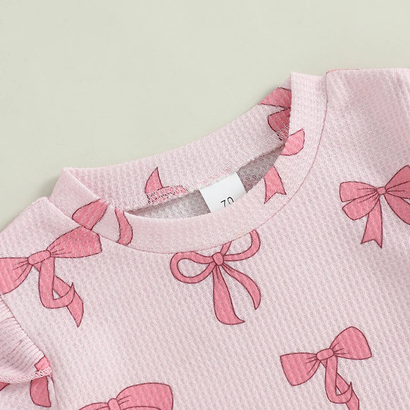 Toddler Girl Summer Clothes Bow Print Short Sleeve O-Neck T-Shirt with Elastic Waist Shorts Waffled Set