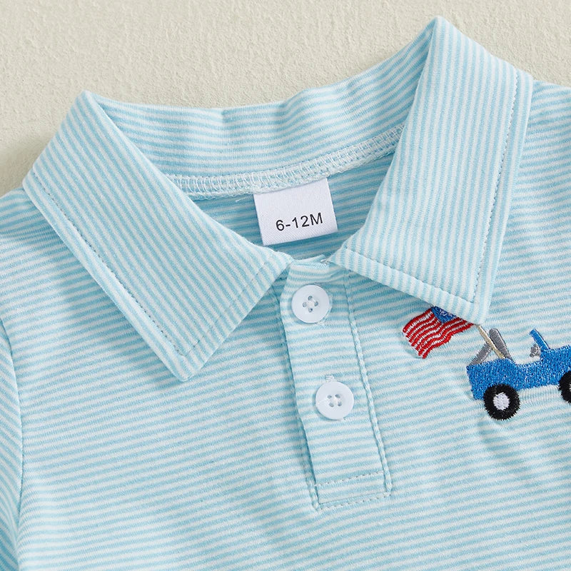 Toddler Baby Boy Embroidered Striped Collared Short Sleeve Summer Polo Top