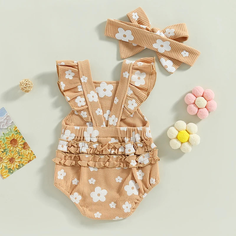 Infant Baby Girl Suspender Jumpsuit Set Floral Print Ruffled Flying Sleeve Bodysuit Headband