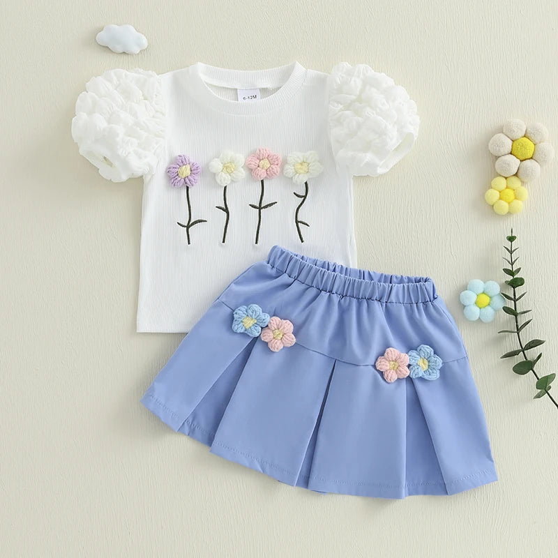 Girls Summer Outfits Crochet Flowers Puff Short Sleeve T-Shirt and Elastic A-Line Skirt Set Toddler Clothes