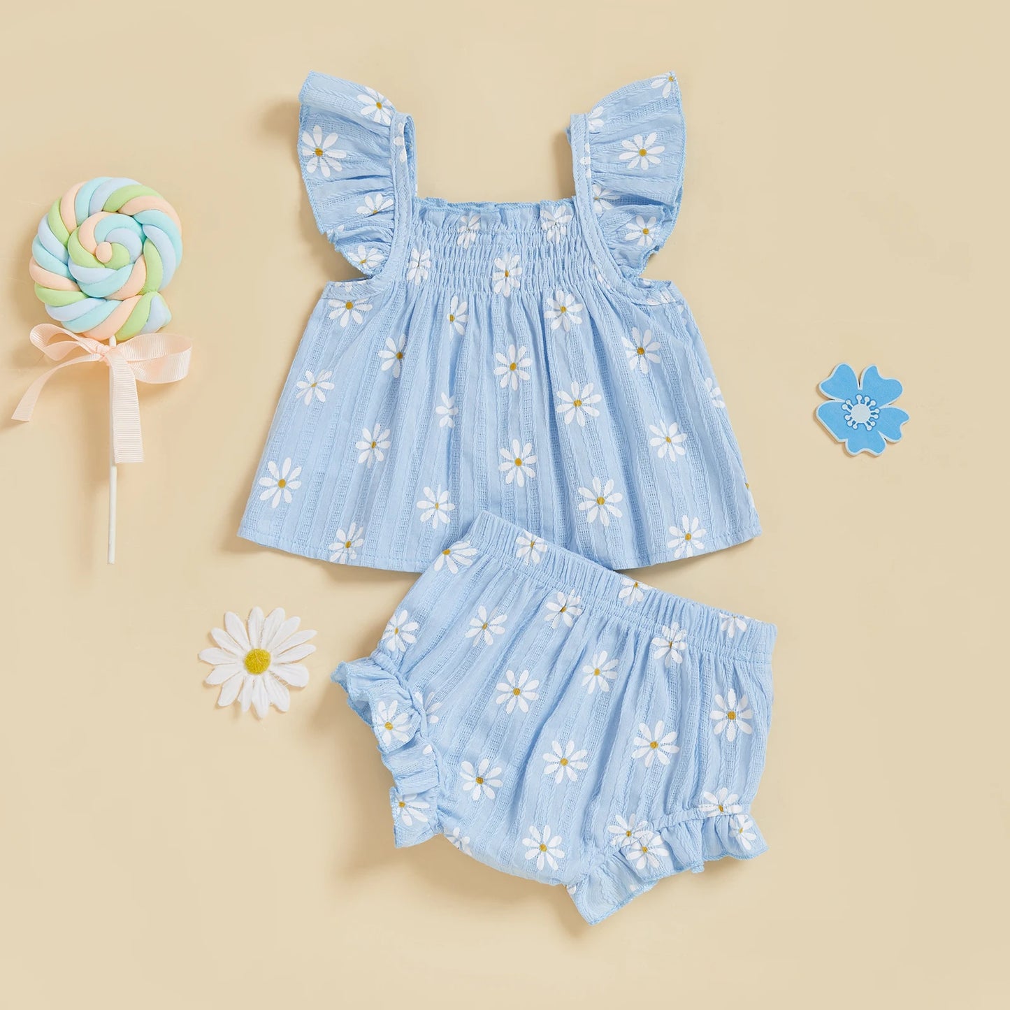Baby Girl Daisy Outfit Smocked Flying Sleeve Babydoll Tops Elastic Waist Ruffle Shorts Cute Summer Clothes 2Pcs Set