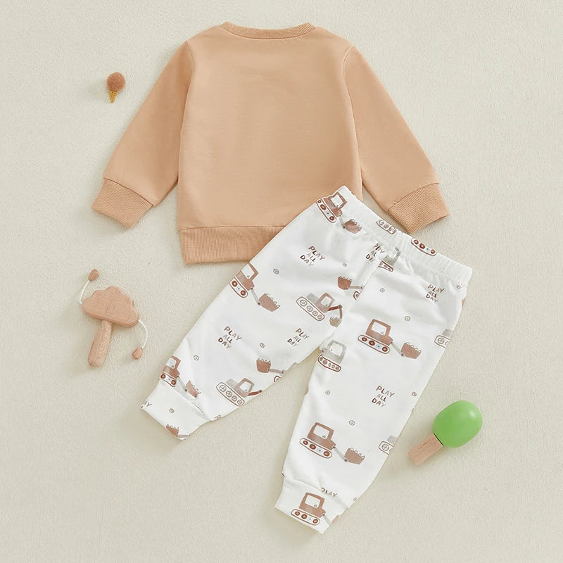 Toddler Baby Boy Outfit Car Embroidery Long Sleeve Pullover Sweatshirt Elastic Waist Pants 2 Piece Set