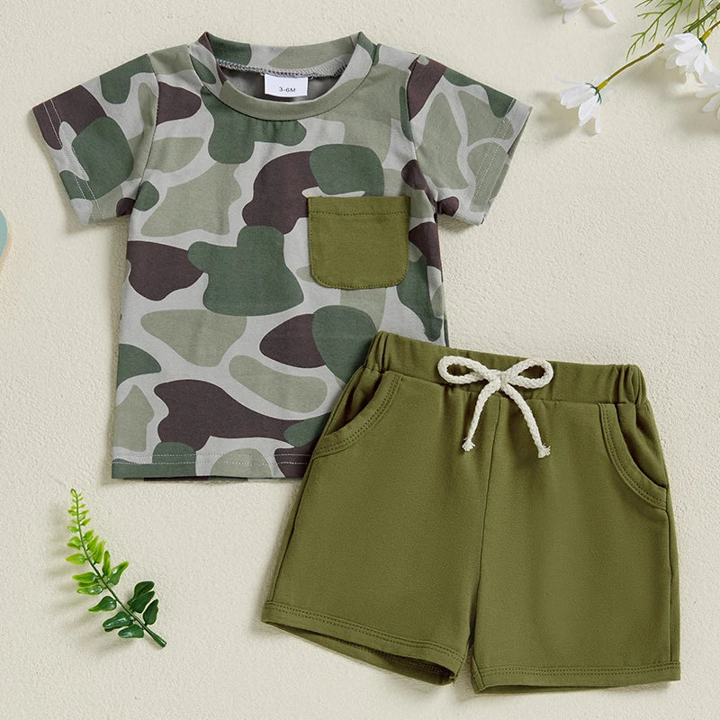 Toddler Baby Boy Shorts Set Camouflage Short Sleeve T-shirts Solid Elastic Waist Shorts Summer Outfit