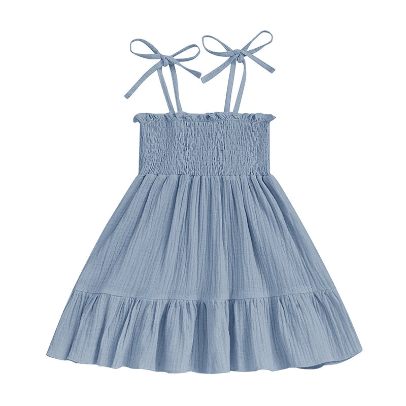 Little Girl Tie Shoulder Dress Solid Smocked Spaghetti Strap Tiered Ruffled Dress Cute Summer Clothes