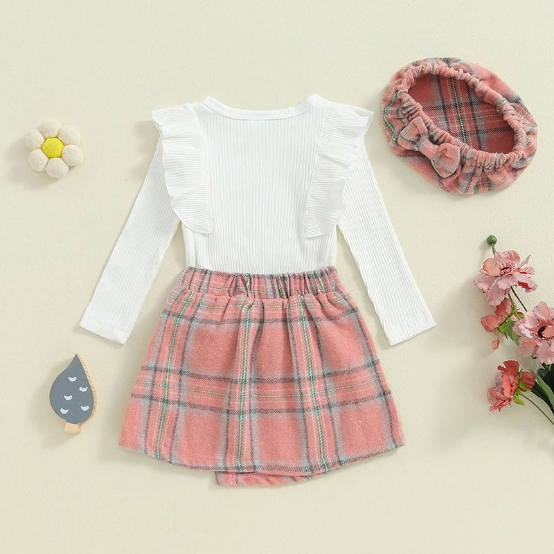 Toddler Girl Fall Outfits Solid Color Ribbed Knit Ruffles Crew Neck Long Sleeve Tops Plaid Skirts Hat Set